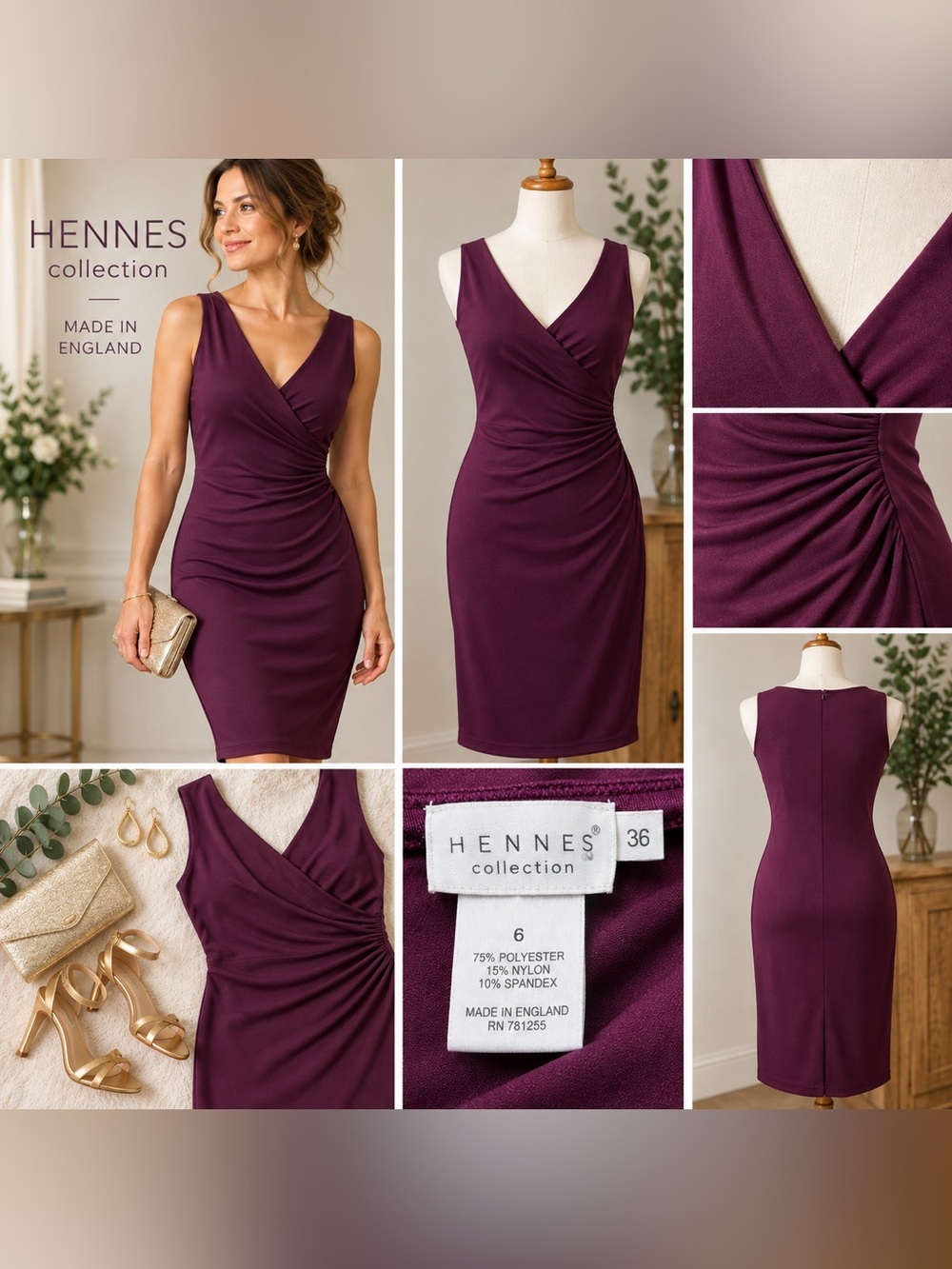 Hennes Collection Plum Purple Ruched Wrap Sheath Dress Size 6 Made in England